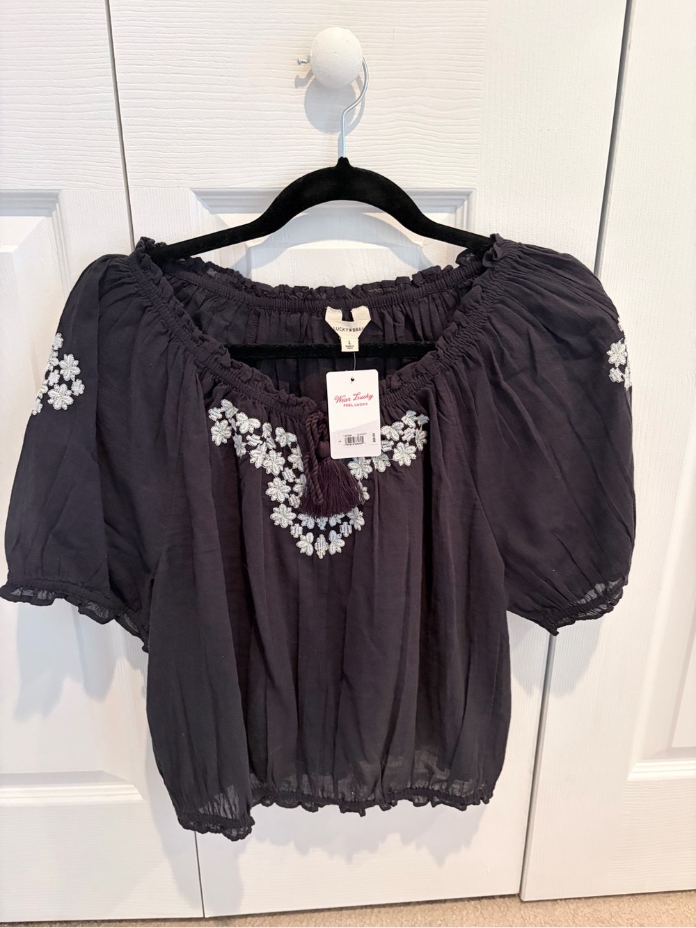 Lucky Brand Black Off-Shoulder Embroidered Peasant Top